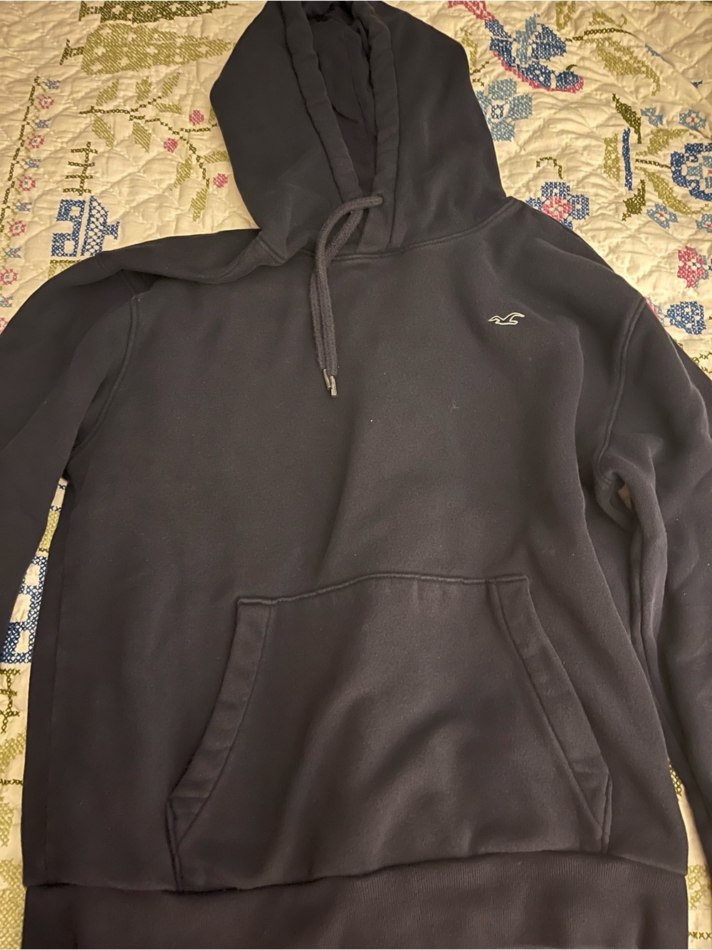 Hollister Men's Navy Pullover Hoodie with Embroidered Logo